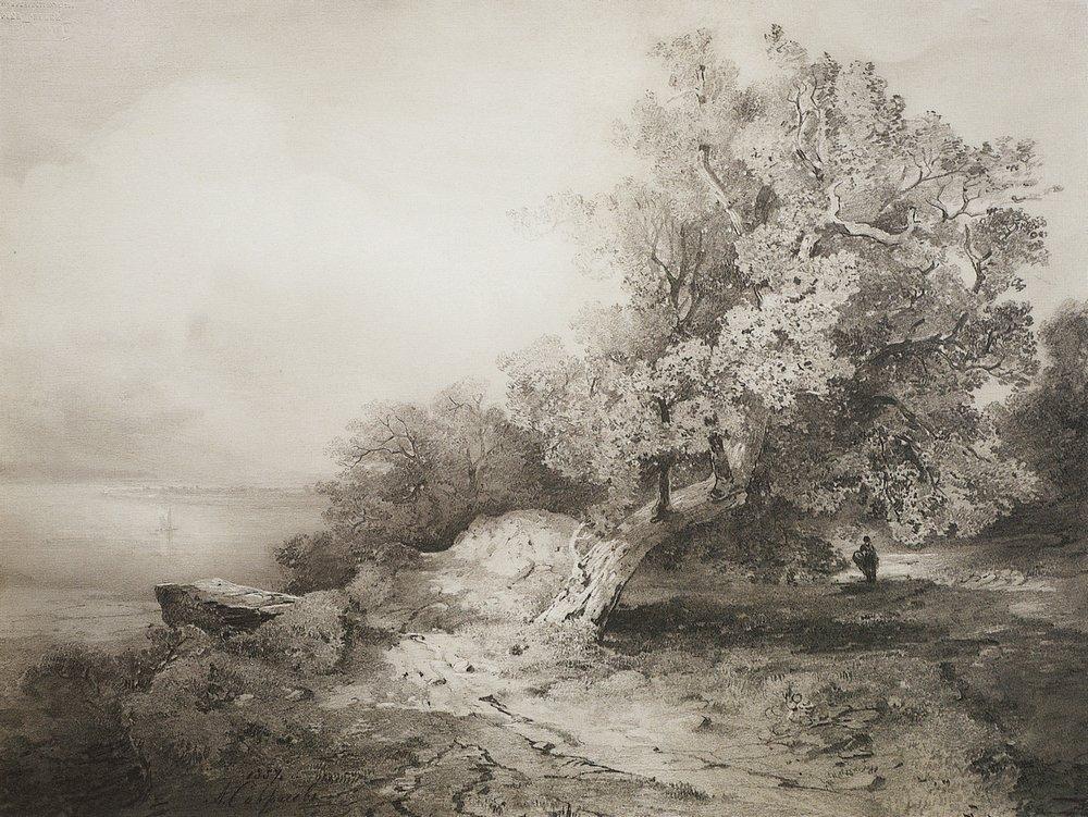 Old oak tree at the cliff above the river (1857).