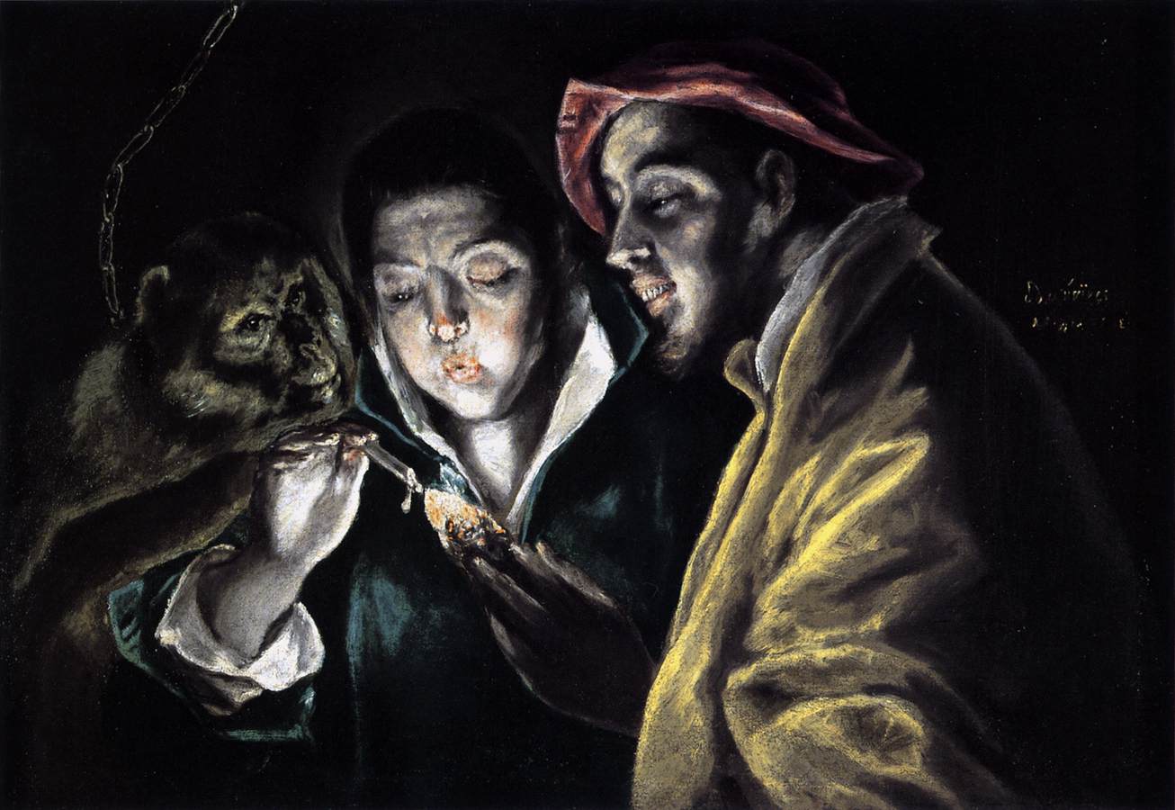 Allegory, boy lighting candle in the company of an ape and a fool - Fábula (1590).