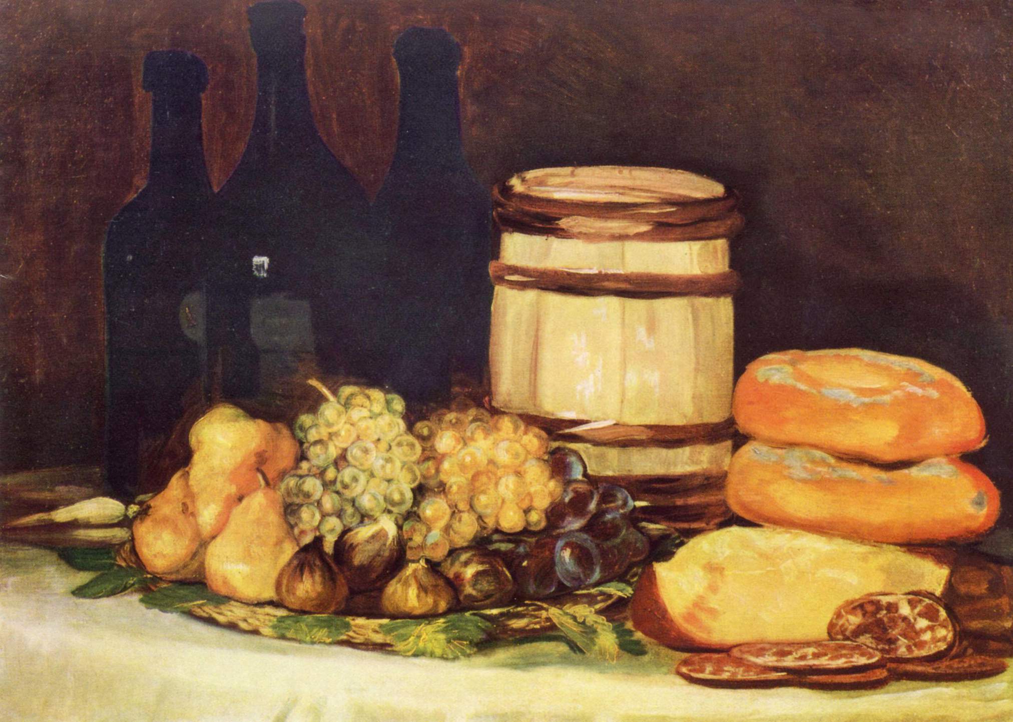 Still life with fruit, bottles, breads (1826).