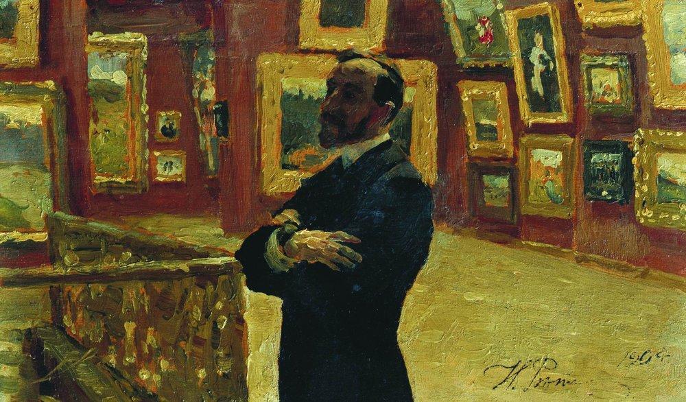 N.A. Mudrogel in the pose of Pavel Tretyakov in halls of the gallery (1904).