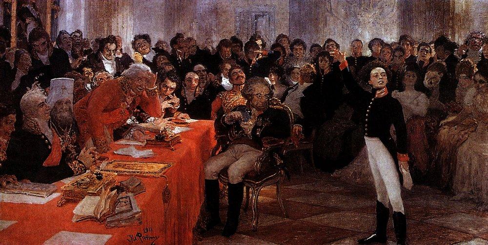 A. Pushkin on the act in the Lyceum on Jan. 8, 1815 reads his poem memories in Tsarskoe Selo (1911).