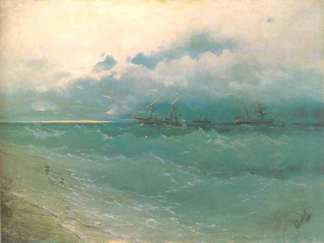 The ships on rough sea, sunrise (1871).