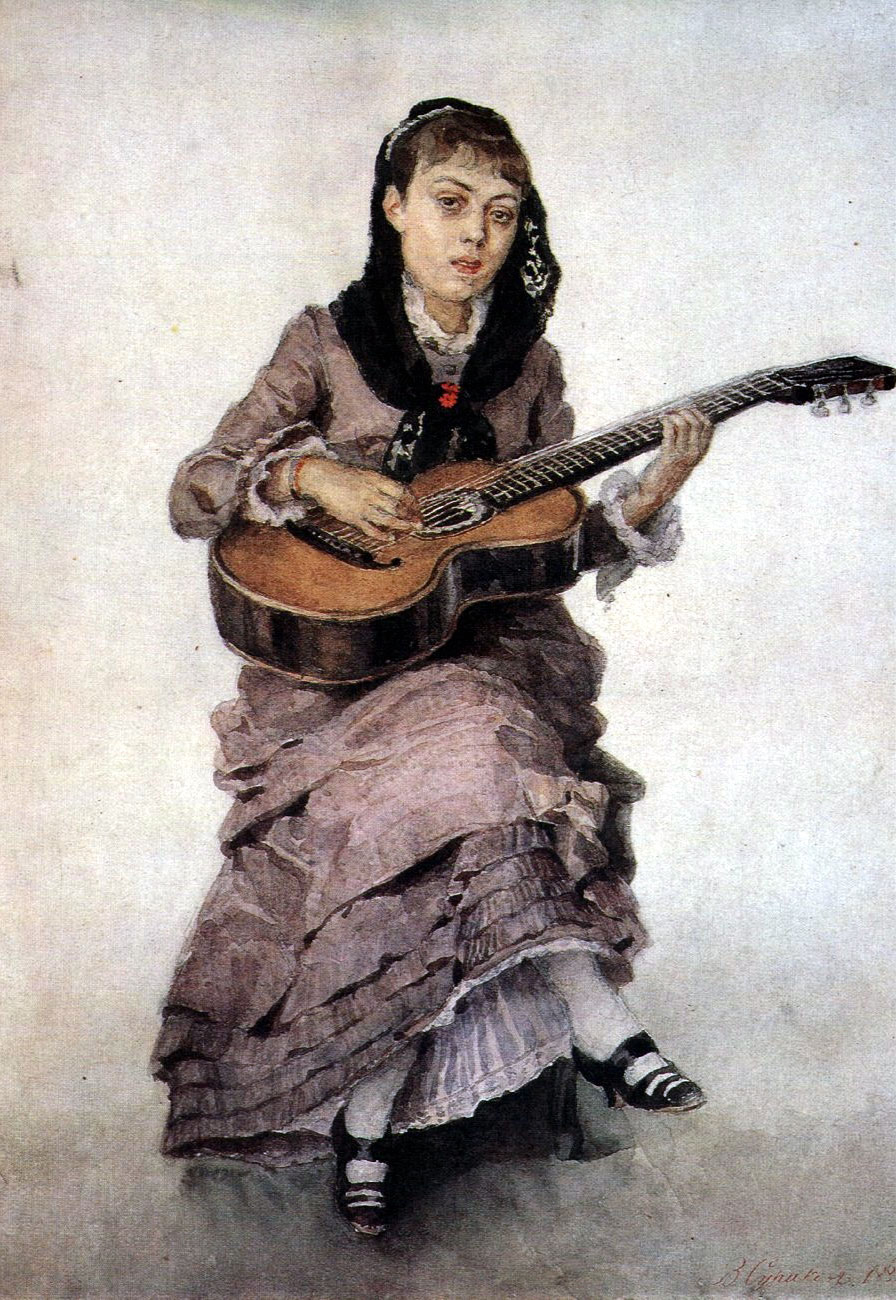 Portrait of princess S. A. Kropotkina with guitar (1882).