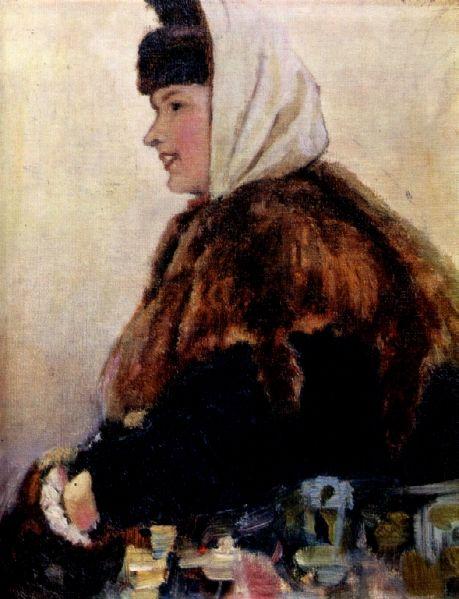 Portrait of young woman in fur coat with muff (1890).