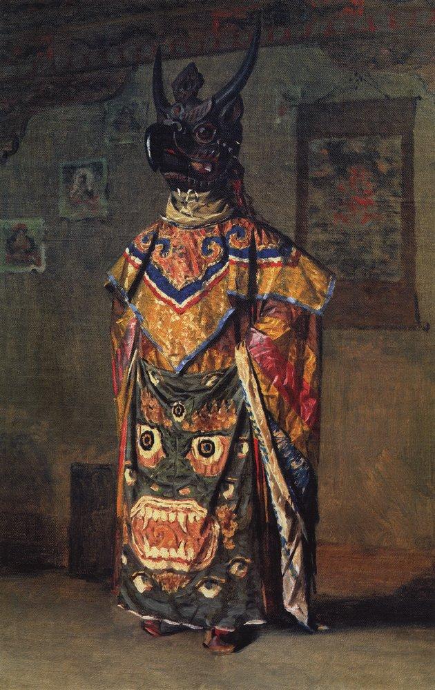 Buddhist lama in a monastery on a holiday Pemionchi. Sikkim (1875).