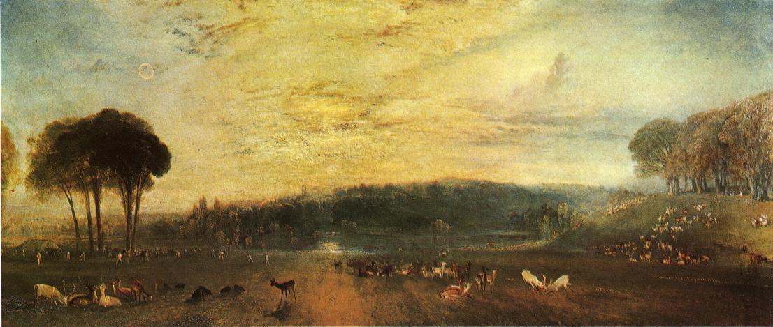 The Lake, Petworth sunset, fighting bucks (1829).